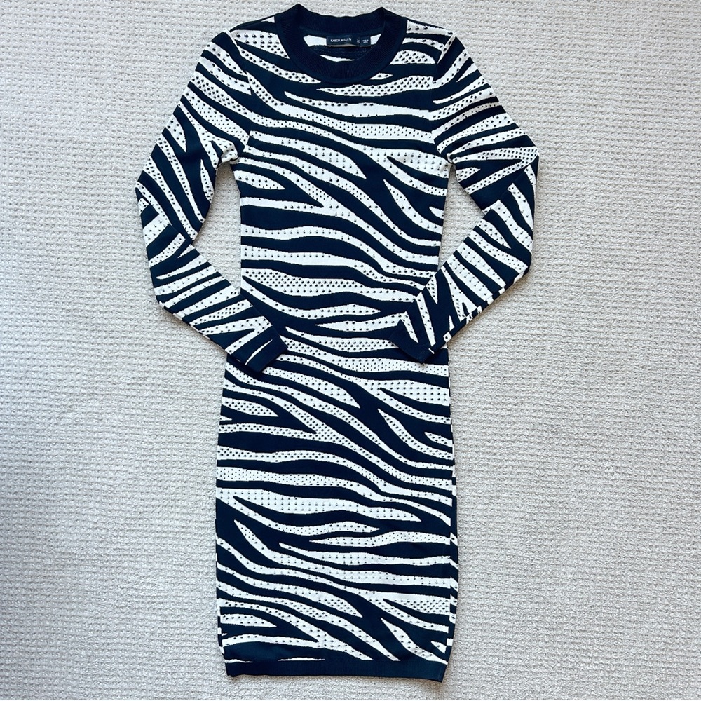 Karen Millen Zebra Print Knit Sweater Midi Dress Pointelle Bodycon Women’s XS - Picture 2 of 11